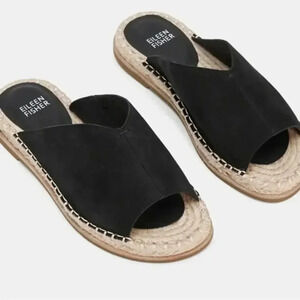 Eileen Fisher Milly Tumbled Nubuck Espadrille Black Sandal Size 7